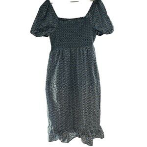 J.crew smocked puff sleeve block print midi dress L blue